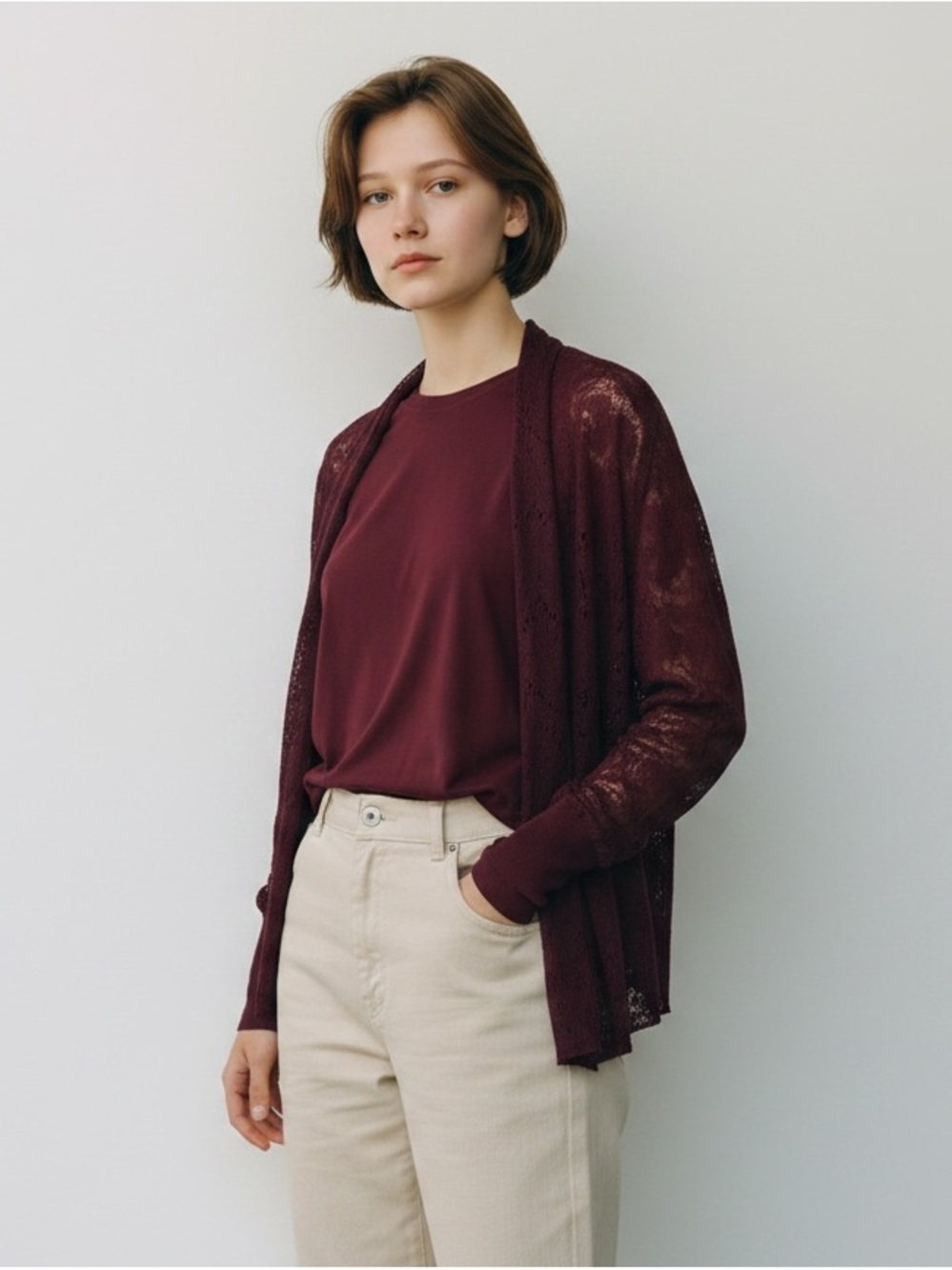 Eileen Fisher 2-Pc Twin Set Silk Top Fine Lace Cardigan Burgundy Maroon Size M/L
